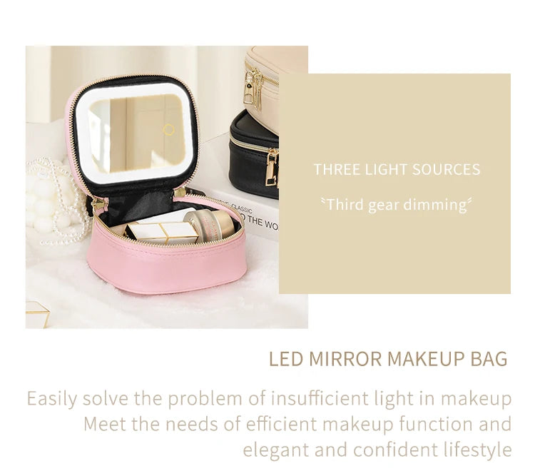 Rechargeable Travel Makeup Bag With LED Mirror, Compact Touch Screen Tabletop Cosmetic Mirror, 3 Colors Light