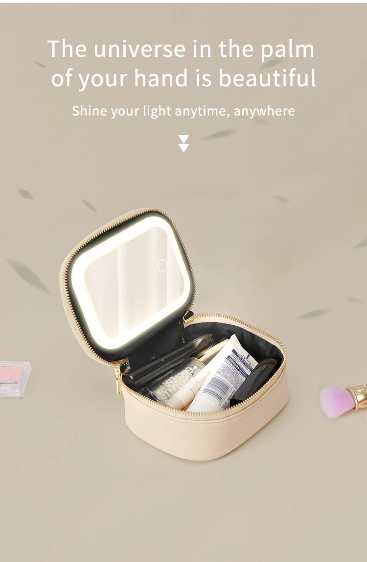 Rechargeable Travel Makeup Bag With LED Mirror, Compact Touch Screen Tabletop Cosmetic Mirror, 3 Colors Light