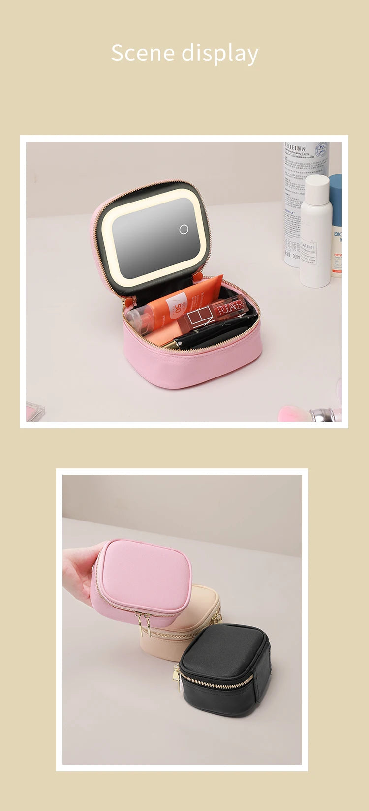 Rechargeable Travel Makeup Bag With LED Mirror, Compact Touch Screen Tabletop Cosmetic Mirror, 3 Colors Light
