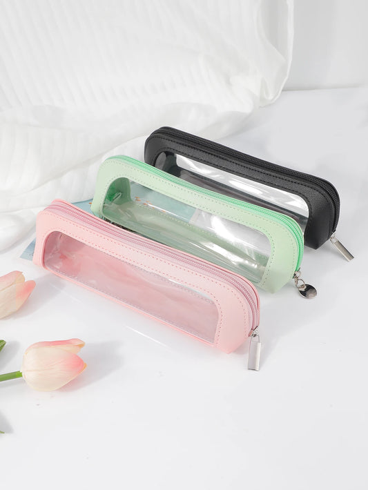 Small Clear Makeup Bag, PU Leather Travel Makeup Brush Case Portable Transparent Waterproof Cosmetic Organizer Pouch with Zipper