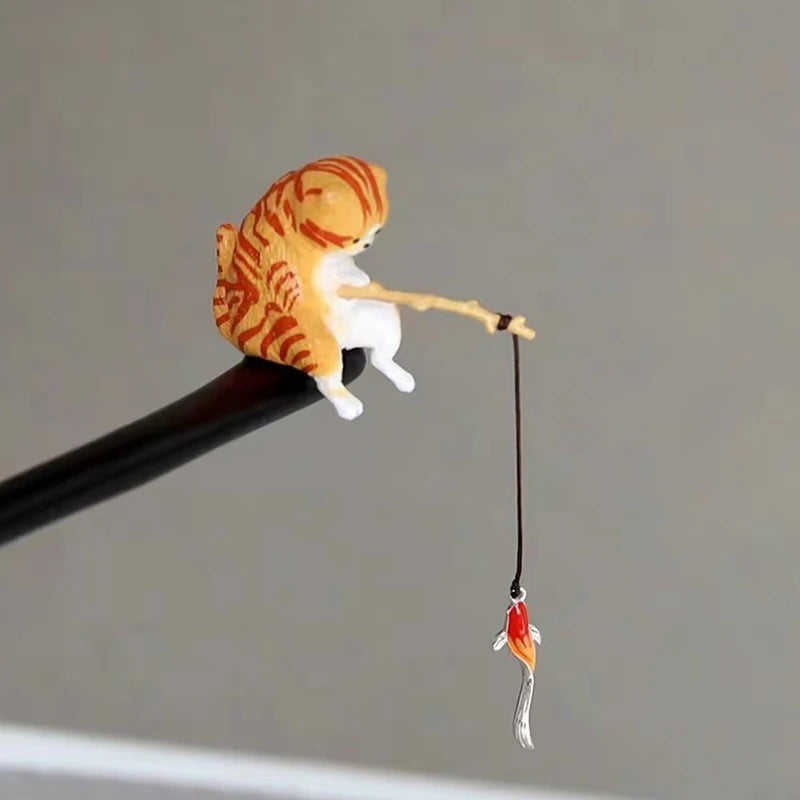 Retro Wooden Hair Stick Hairpin for Women Cute Cat Tassel Hair Clip Chopstick Bun Maker Hanfu Headdress Jewelry Hair Accessories