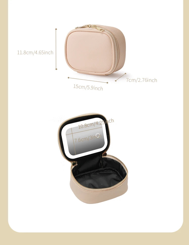 Rechargeable Travel Makeup Bag With LED Mirror, Compact Touch Screen Tabletop Cosmetic Mirror, 3 Colors Light
