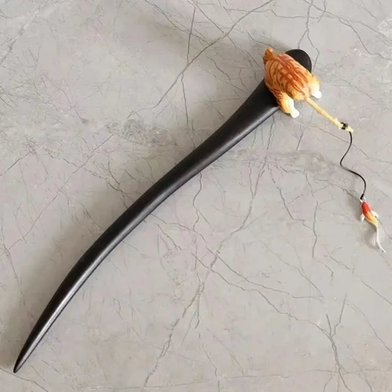 Retro Wooden Hair Stick Hairpin for Women Cute Cat Tassel Hair Clip Chopstick Bun Maker Hanfu Headdress Jewelry Hair Accessories