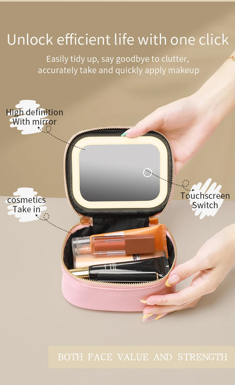 Rechargeable Travel Makeup Bag With LED Mirror, Compact Touch Screen Tabletop Cosmetic Mirror, 3 Colors Light