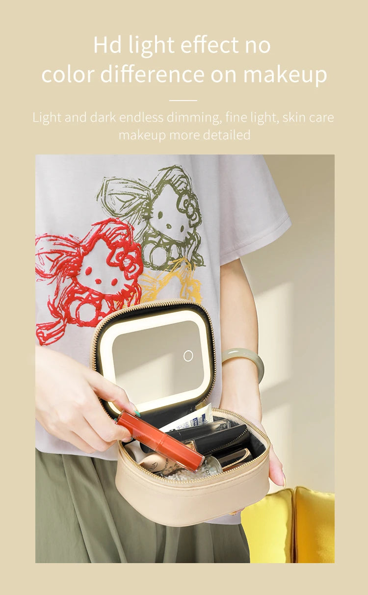 Rechargeable Travel Makeup Bag With LED Mirror, Compact Touch Screen Tabletop Cosmetic Mirror, 3 Colors Light