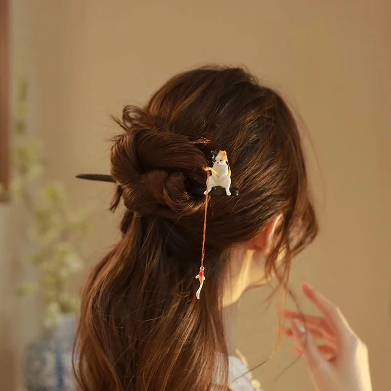 Retro Wooden Hair Stick Hairpin for Women Cute Cat Tassel Hair Clip Chopstick Bun Maker Hanfu Headdress Jewelry Hair Accessories