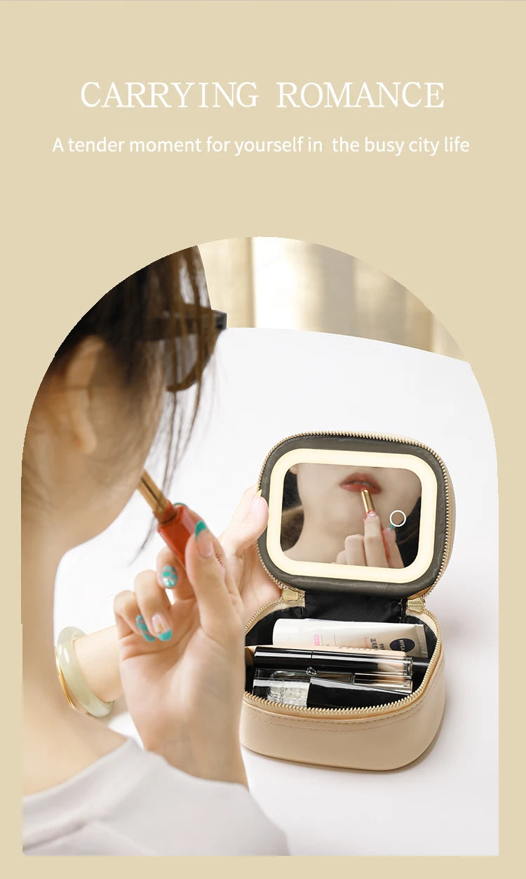 Rechargeable Travel Makeup Bag With LED Mirror, Compact Touch Screen Tabletop Cosmetic Mirror, 3 Colors Light